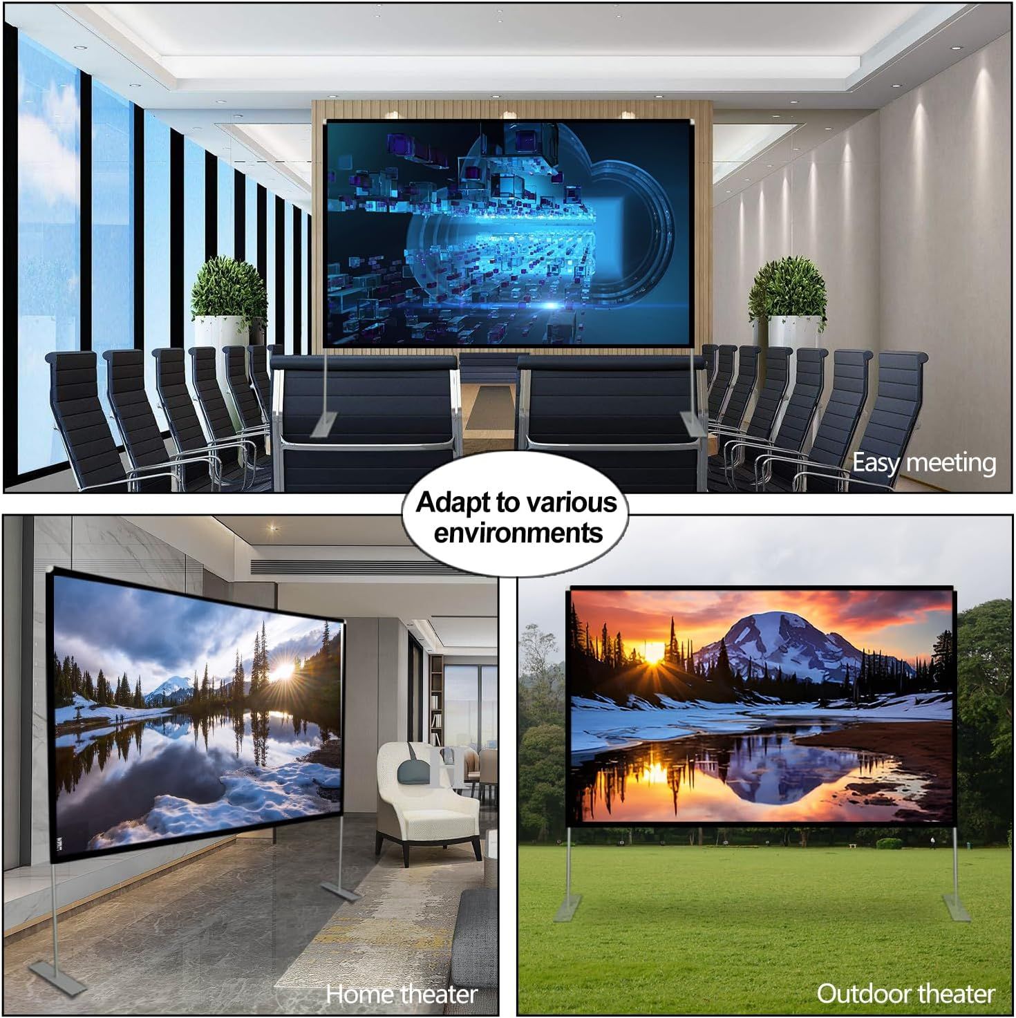 Demonstrates the product's versatility by showing it can be used in multiple environments: conference rooms for business meetings, home theaters for…