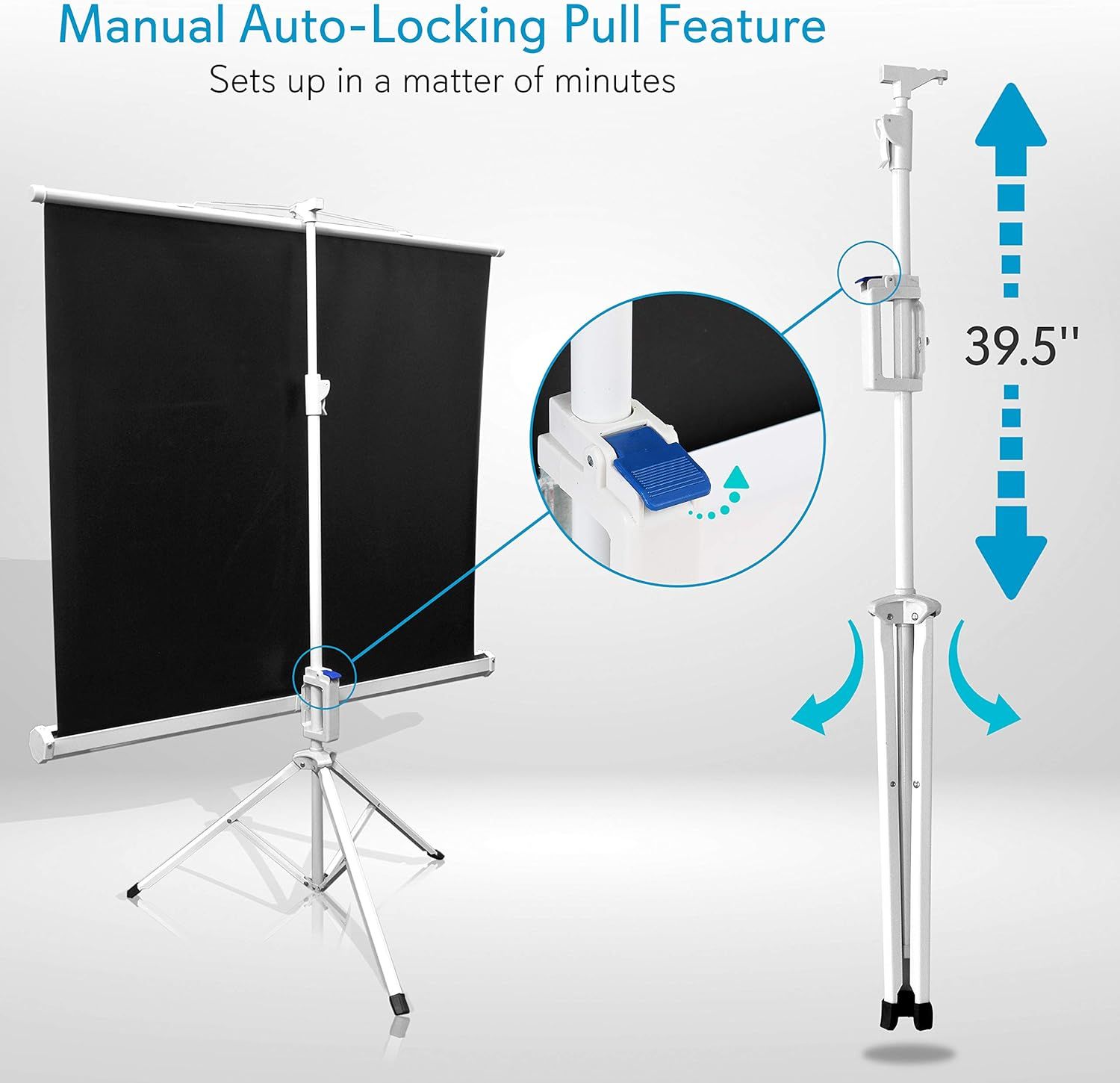 This image breaks down the key physical components and mechanisms of the projector screen, highlighting the auto-locking pull feature, adjustable height capability (39.5 inches), and quick setup…