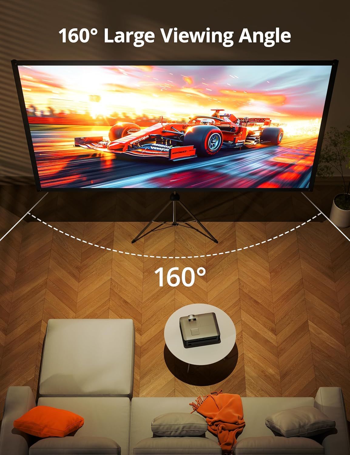 Communicates the product's 160-degree viewing angle capability to reassure shoppers that multiple people can watch comfortably from different positions in the…