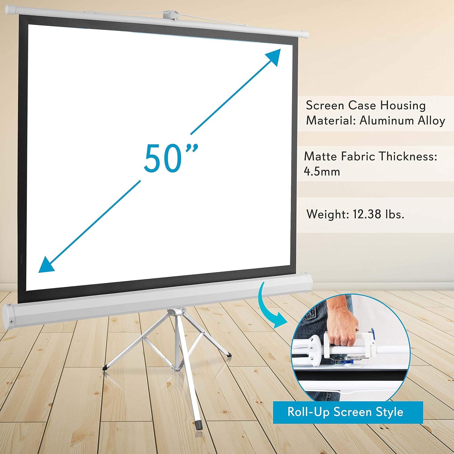 Communicates the physical dimensions and weight of the projector screen to help shoppers understand the size and portability of the product. Highlights the physical components and construction…