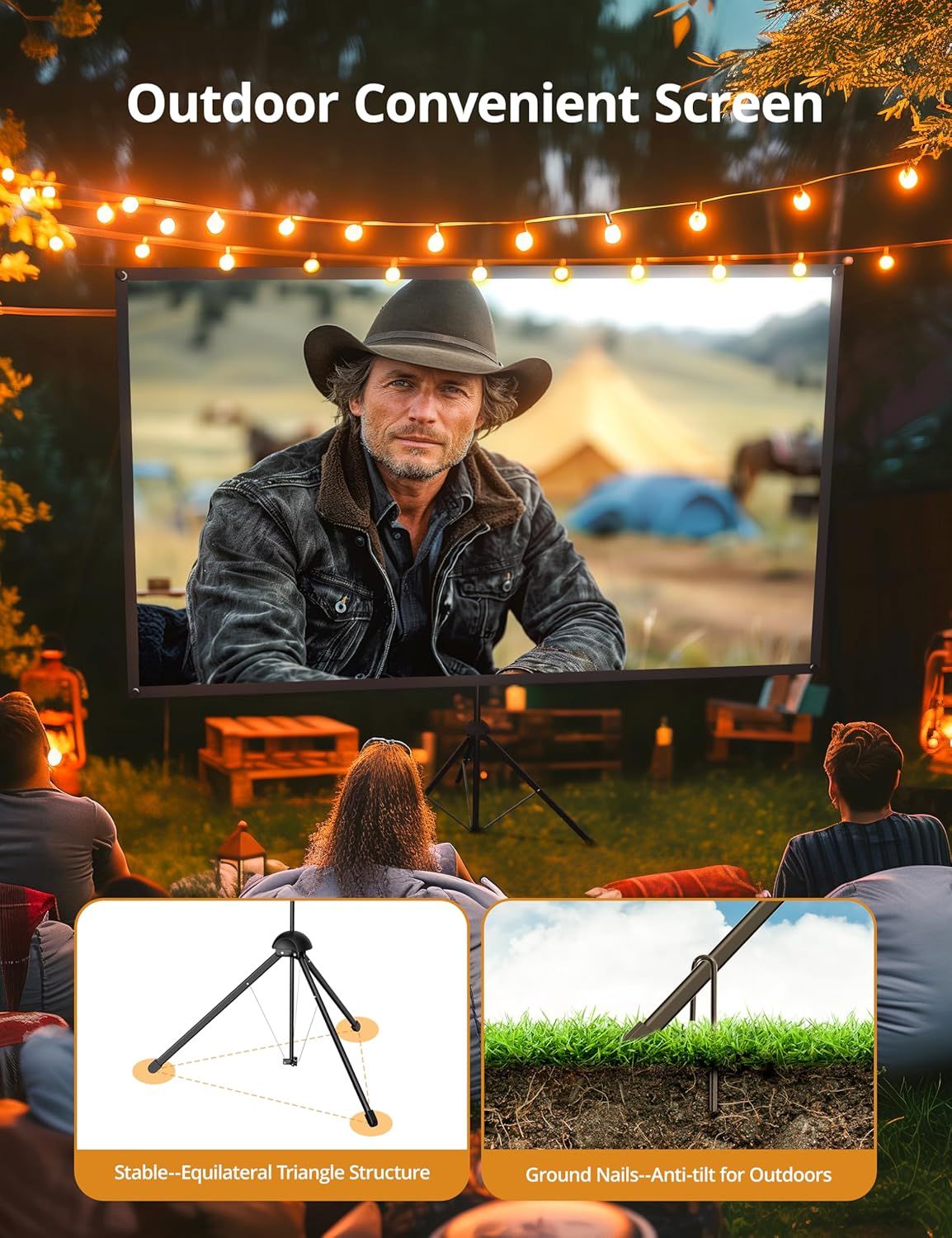 Demonstrates the product's versatility for outdoor movie viewing and entertainment, showing it in use at a backyard or camping setting to reassure shoppers…