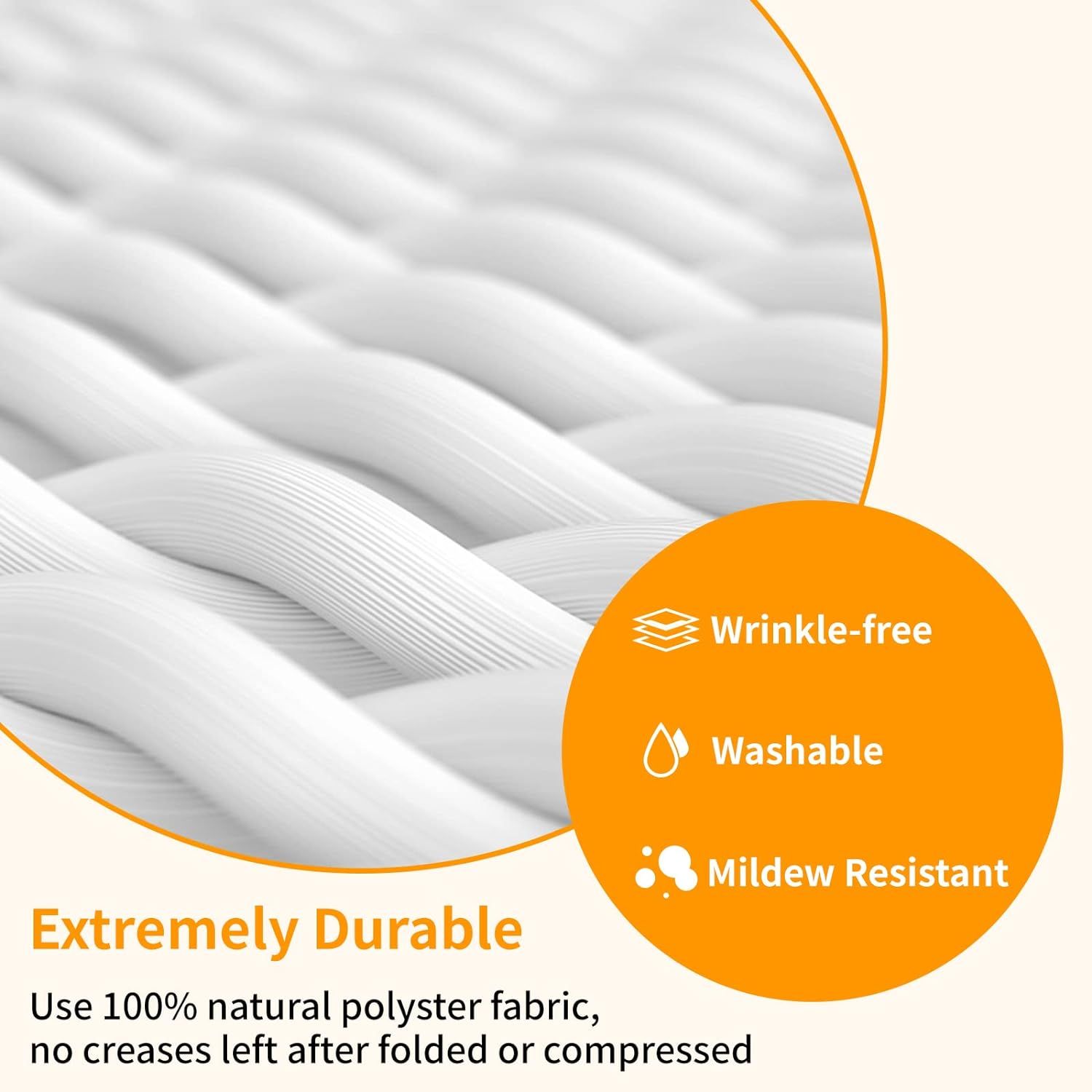 Communicates multiple key benefits of the fabric material including wrinkle-free construction, washability, mildew resistance, and durability to reassure…