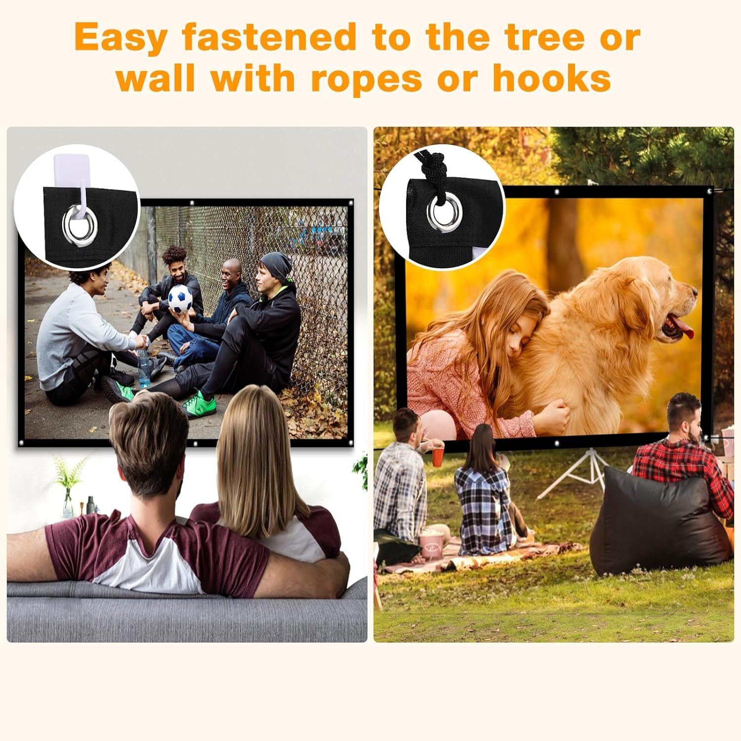 Demonstrates the versatility of the projector screen by showing it can be used in multiple environments—indoors for home entertainment and outdoors for…