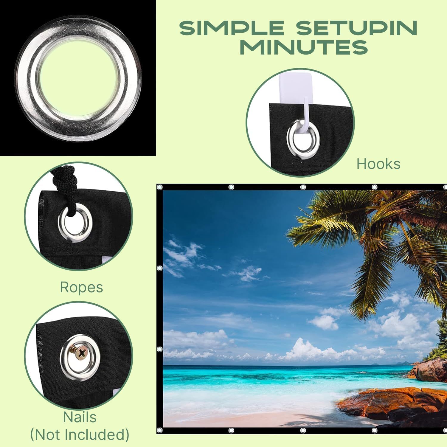 Demonstrates the simple setup process for the product, showing three different installation methods (hooks, ropes, nails) to reassure shoppers that it can be…