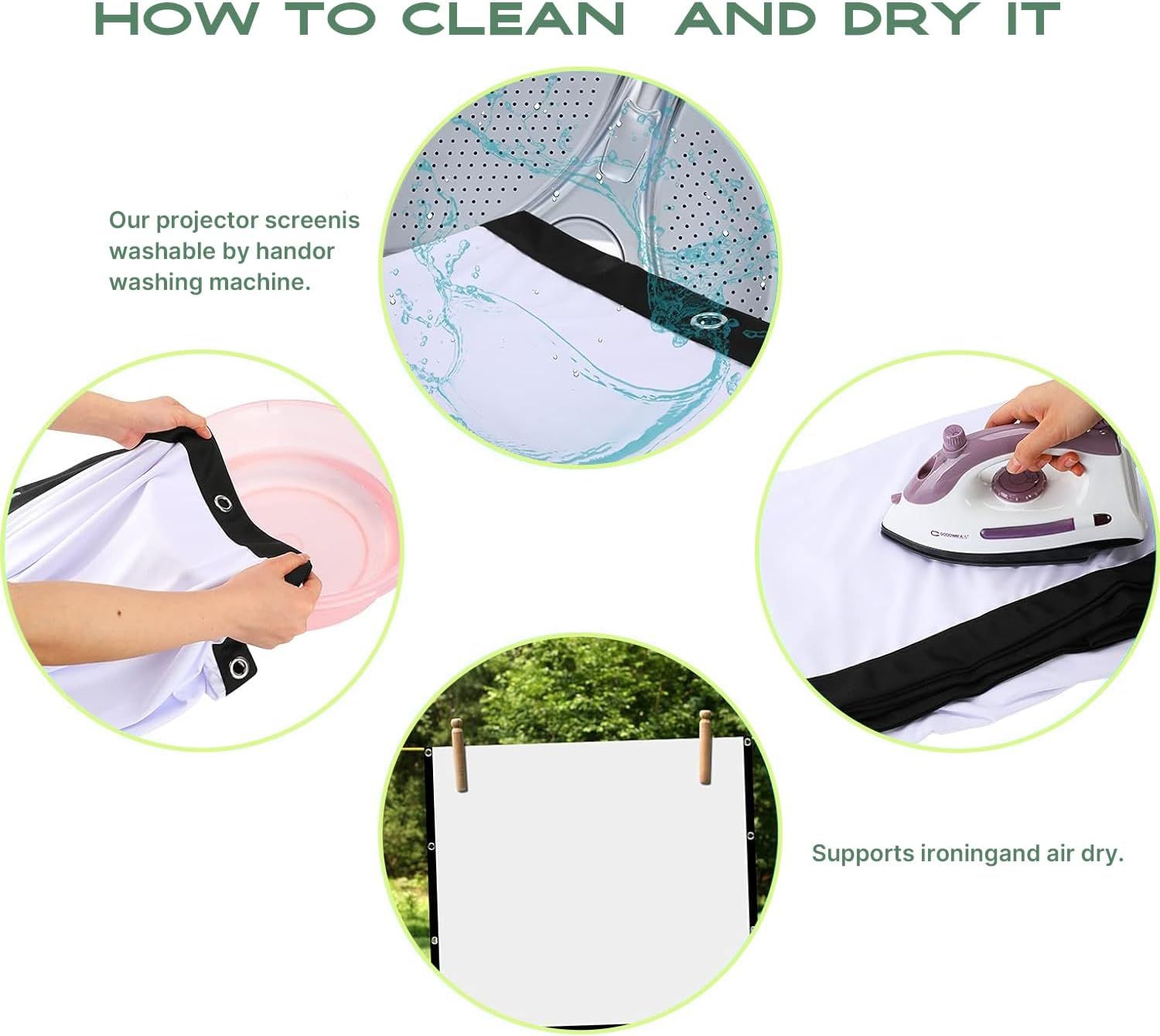 Demonstrates the step-by-step process for cleaning and drying the projector screen, reassuring shoppers that maintenance is simple and the product is…