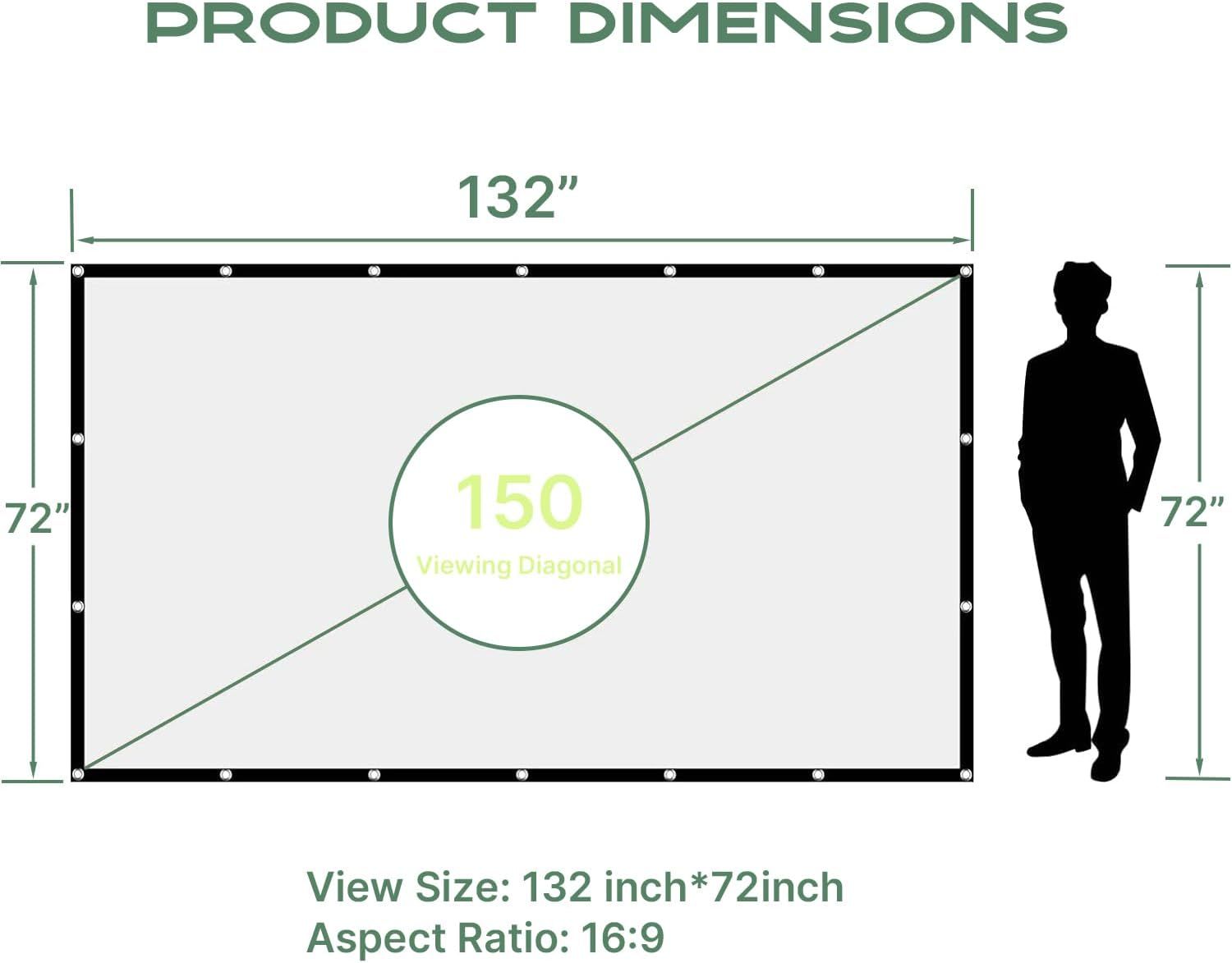 Communicates the exact physical dimensions of the product (132 inches x 72 inches) and viewing diagonal (150 inches) to help shoppers understand the size and…