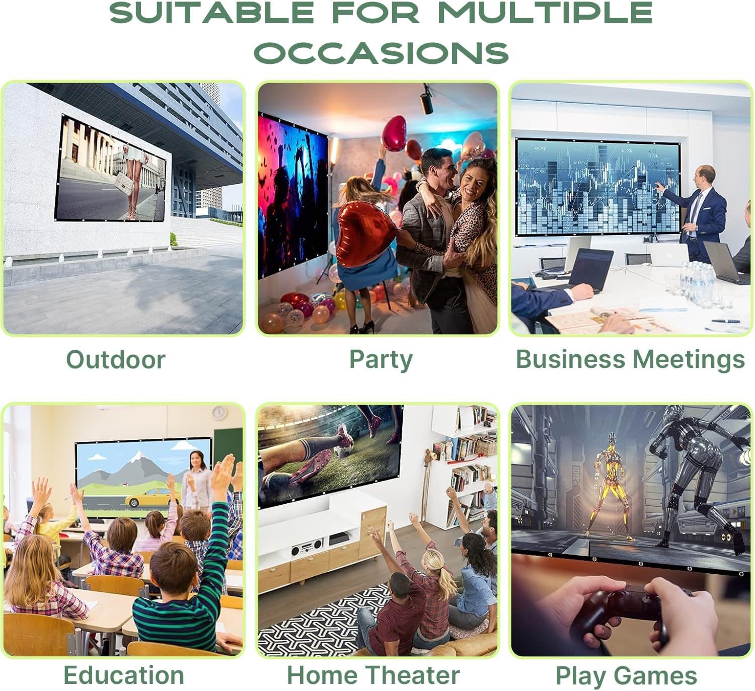 Demonstrates the product's versatility by showing six different real-world scenarios where it can be used, reassuring shoppers that it fits multiple needs and…