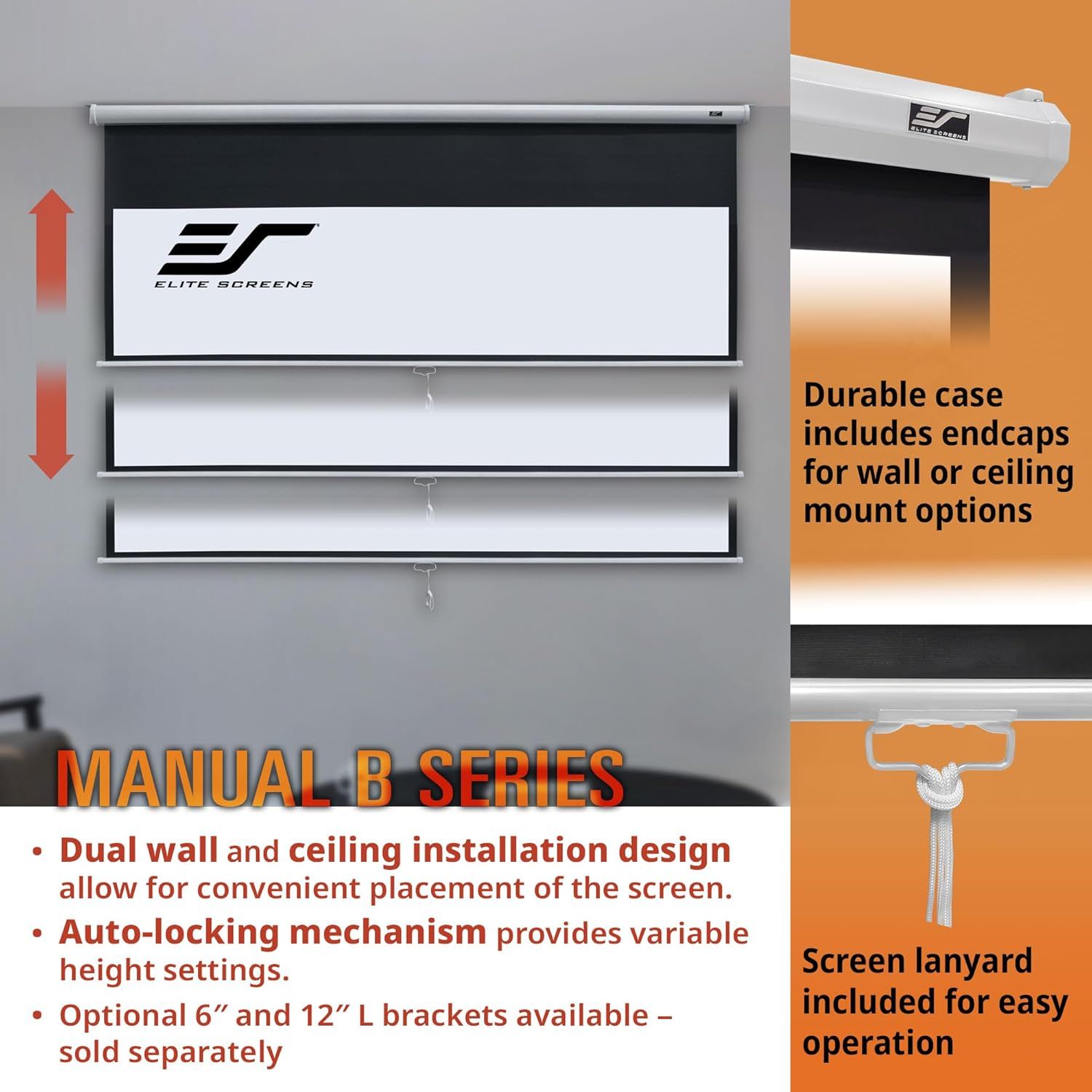 Communicates multiple distinct benefits of the projector screen including flexible installation options, adjustable height settings, durable mounting…