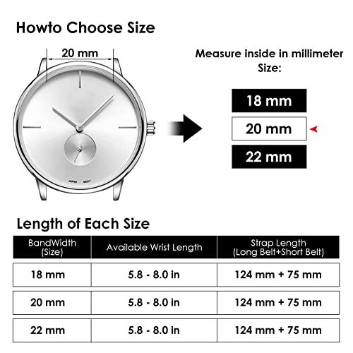 Educates shoppers on how to measure their watch band width and choose the correct replacement band size, providing a clear sizing chart with measurements and compatibility information.