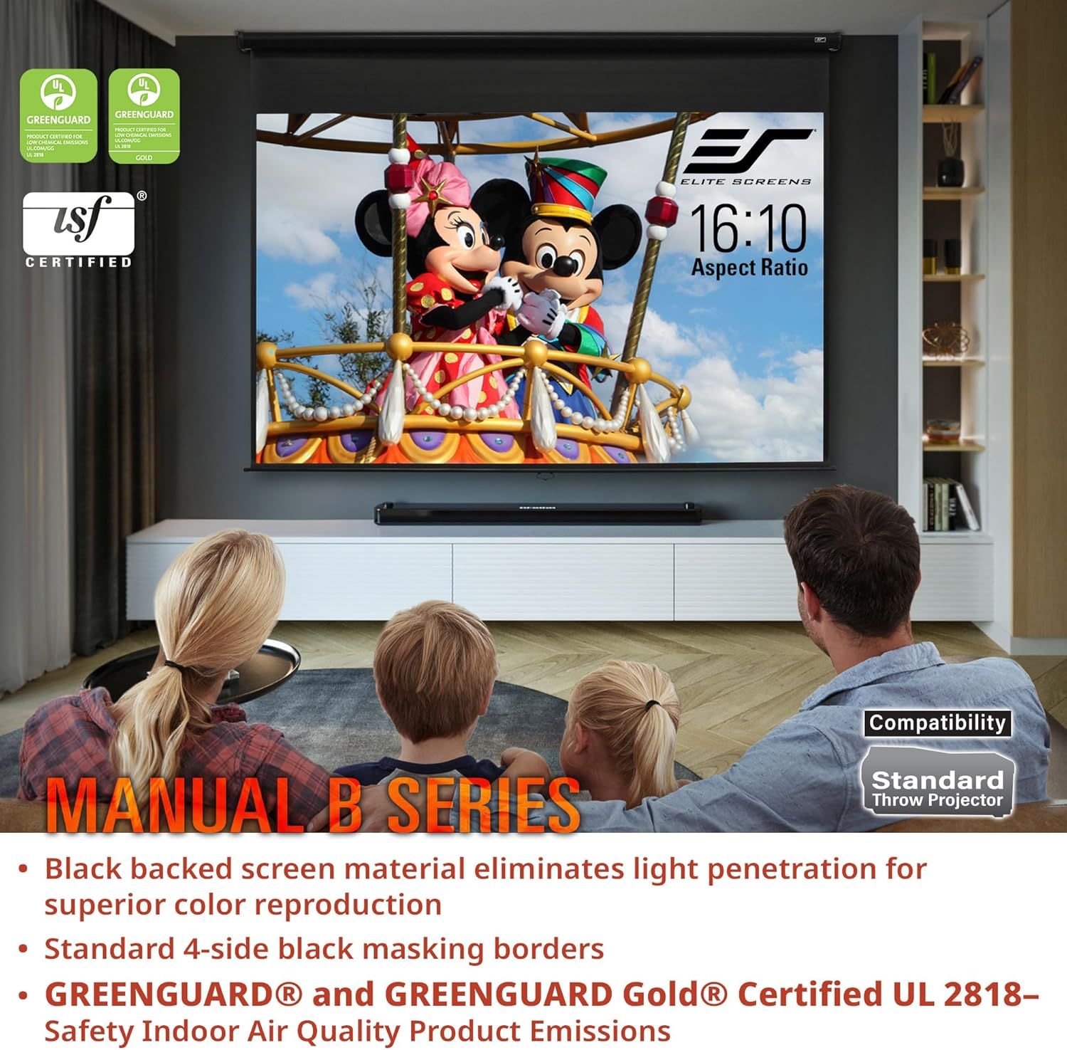 Communicates multiple distinct product benefits including superior color reproduction through black backing, safety certifications, aspect ratio…