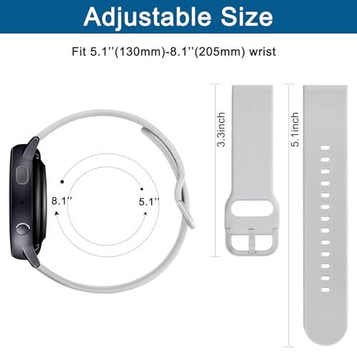 Communicates the adjustable wrist size range (5.1 to 8.1 inches) and physical dimensions of the watch band to help shoppers determine fit and compatibility.