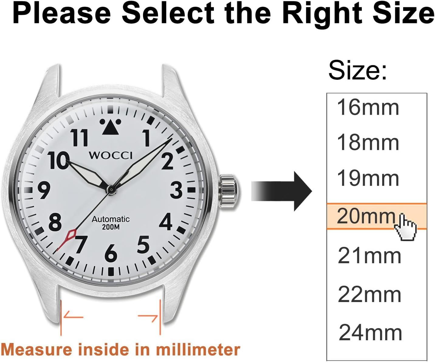 Helps shoppers select the correct watch band size by showing how to measure the lug width in millimeters, ensuring proper fit and compatibility.