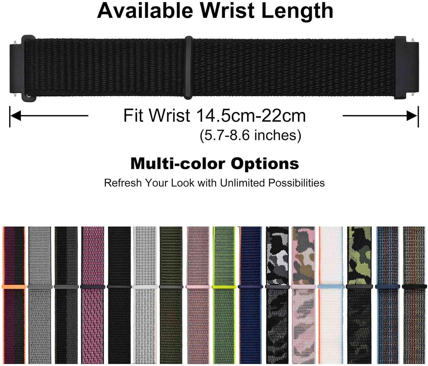 Communicates the adjustable wrist size range to help shoppers determine if the watch band will fit their wrist comfortably. Showcases the extensive color and pattern options available in the product…