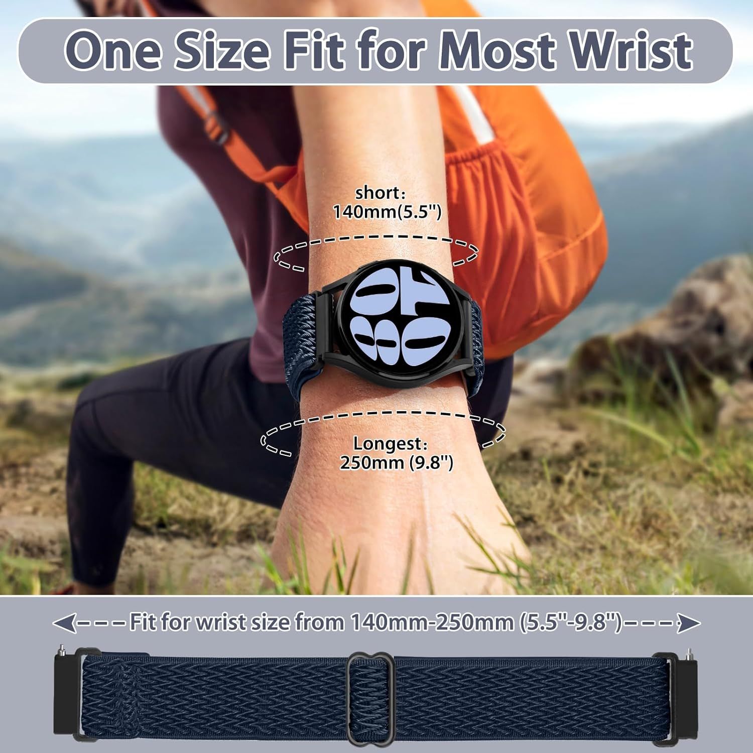 Communicates the adjustable wrist strap range (140mm-250mm) to reassure shoppers that the smartwatch band will fit most wrist sizes comfortably.