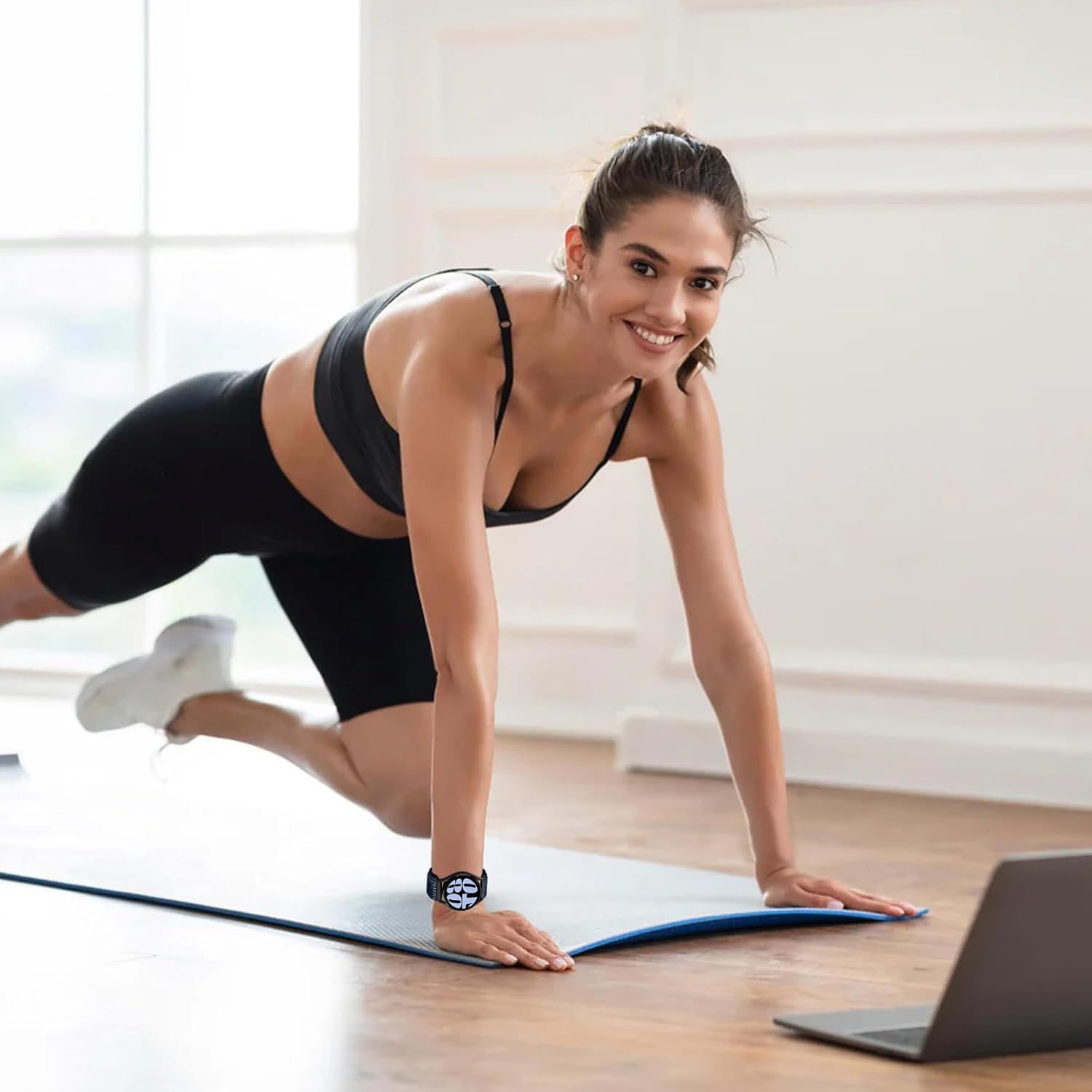 Shows the product in a real-world fitness context to help shoppers visualize using it during home workouts and exercise routines.