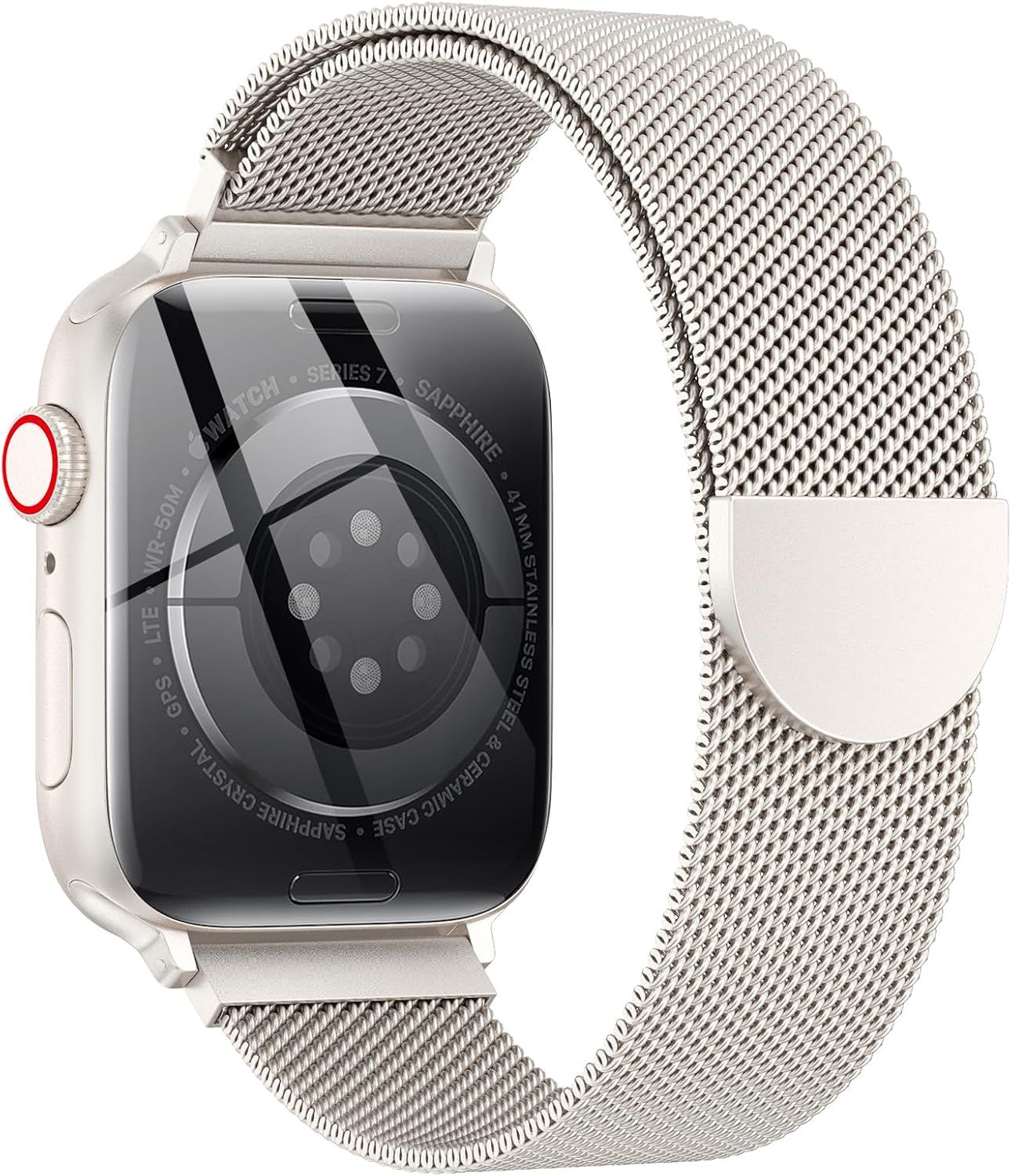 Displays the smartwatch with its mesh band on a clean white background to show the product clearly without distractions, allowing shoppers to see the design and build quality.