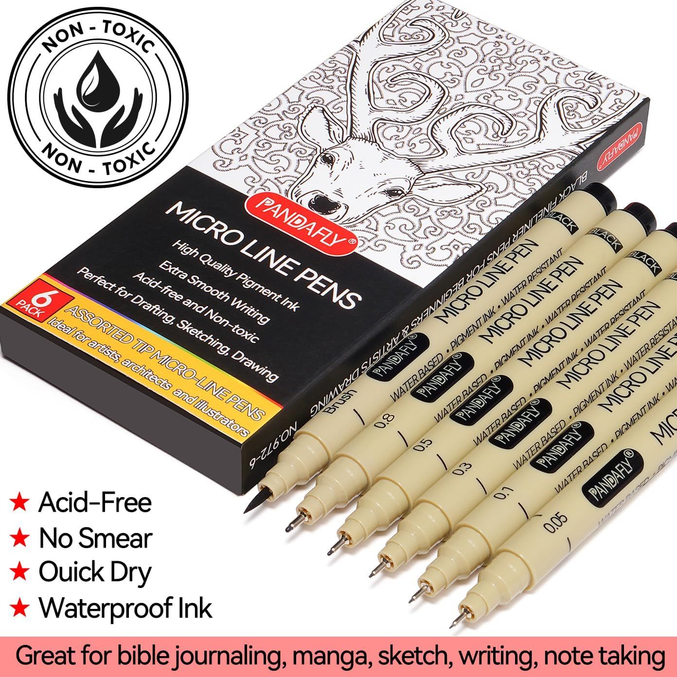 Communicates multiple key benefits of the micro line pens to reassure shoppers about quality and performance across different use cases.