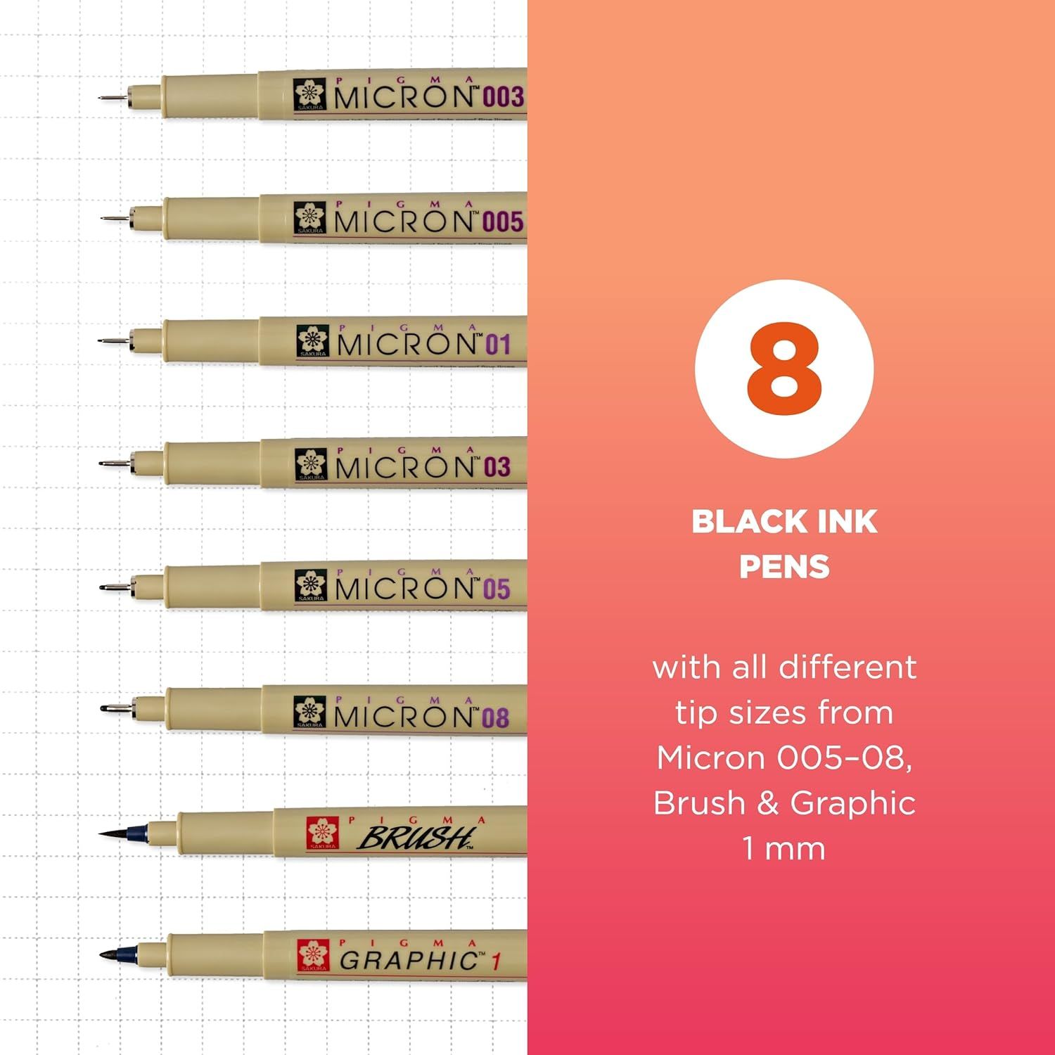 Shows the complete set of 8 black ink pens included in the package, highlighting the variety of tip sizes available to reassure shoppers they're getting a comprehensive pen collection for different…
