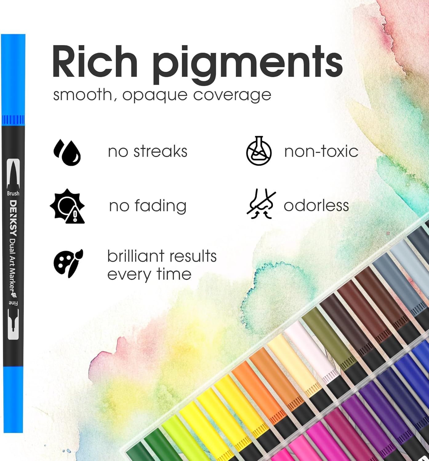 Communicates multiple key benefits of the dual art markers including pigment quality, performance characteristics, safety features, and consistent results to reassure shoppers of the product's…