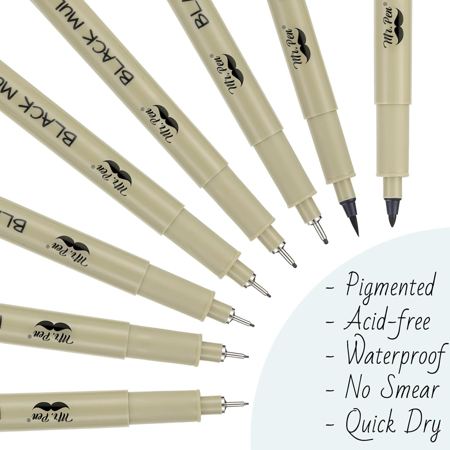 Communicates multiple key product benefits (pigmented, acid-free, waterproof, no smear, quick dry) to reassure shoppers of the pens' quality and performance across various use cases.