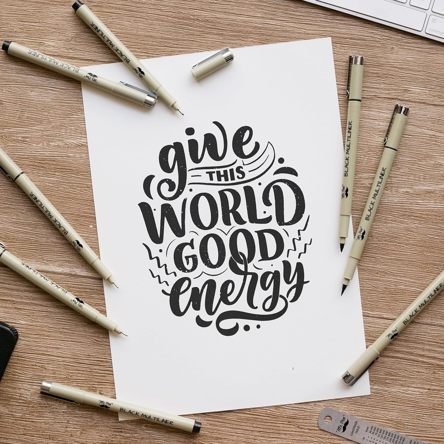 Demonstrates the product (pens/markers) in a real-world creative setting to show how they can be used for hand lettering and artistic projects.