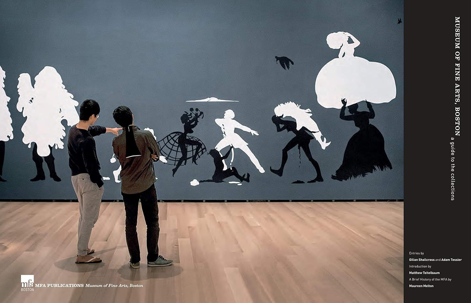 Demonstrates the product (art book/publication) in a real-world museum context, showing visitors engaging with the artwork to create an aspirational and cultural connection.