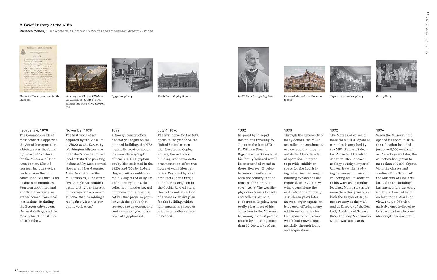 This image communicates the Museum of Fine Arts' rich institutional history and heritage, showcasing key milestones from 1870 to 1896 to build trust and establish the museum's legacy and credibility.