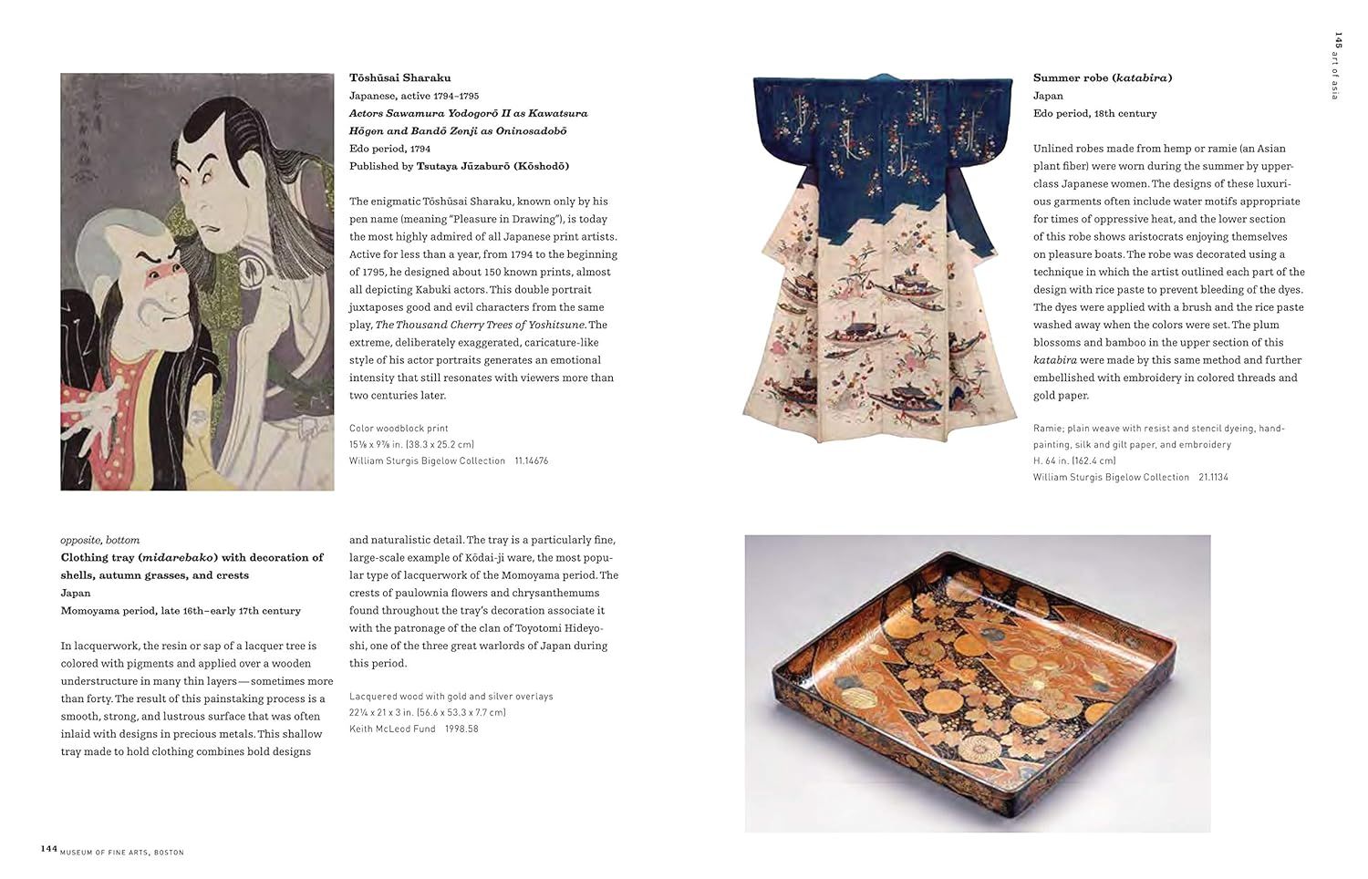 This is a museum catalog page displaying multiple Japanese art objects with detailed descriptions for educational and archival purposes.