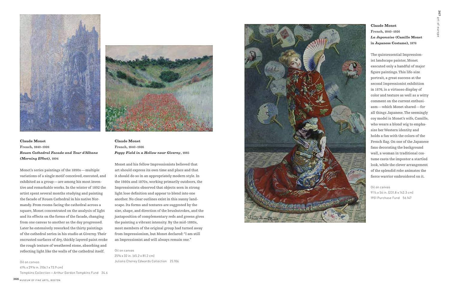 This is a museum catalog or art book page displaying Claude Monet paintings with accompanying descriptive text. It serves an educational and archival purpose, presenting artworks with historical…