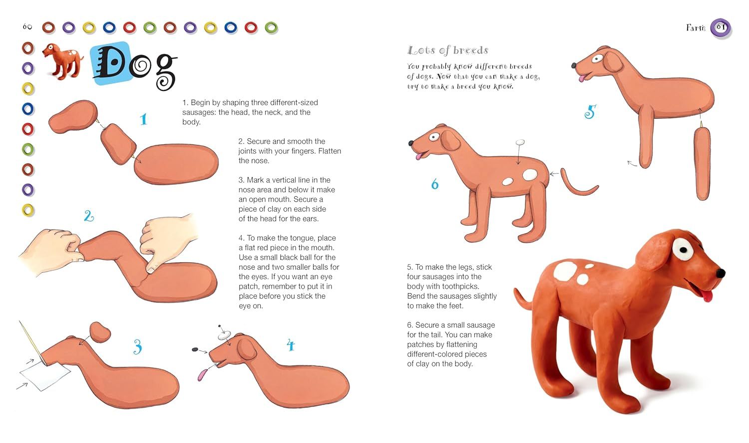 This image provides detailed sequential instructions on how to create a clay dog figure, teaching users the crafting process from basic shapes to finished product.