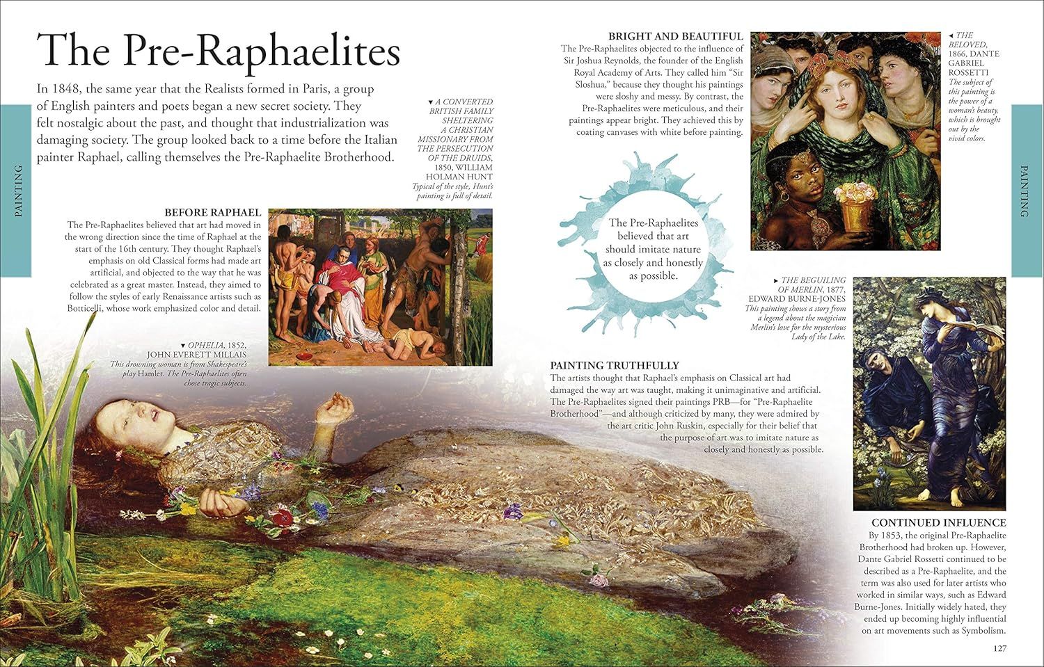 This educational spread communicates the history, philosophy, and visual characteristics of the Pre-Raphaelite art movement through multiple segmented sections, each highlighting different aspects…