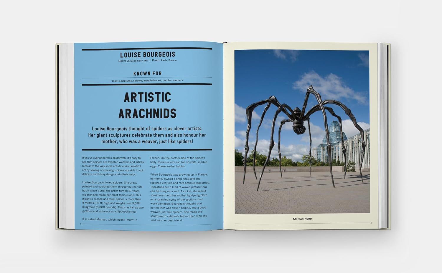 This is not an Amazon product image but rather a photograph of an open book spread about artist Louise Bourgeois and her spider sculptures. It does not fit the Amazon product image categorization…