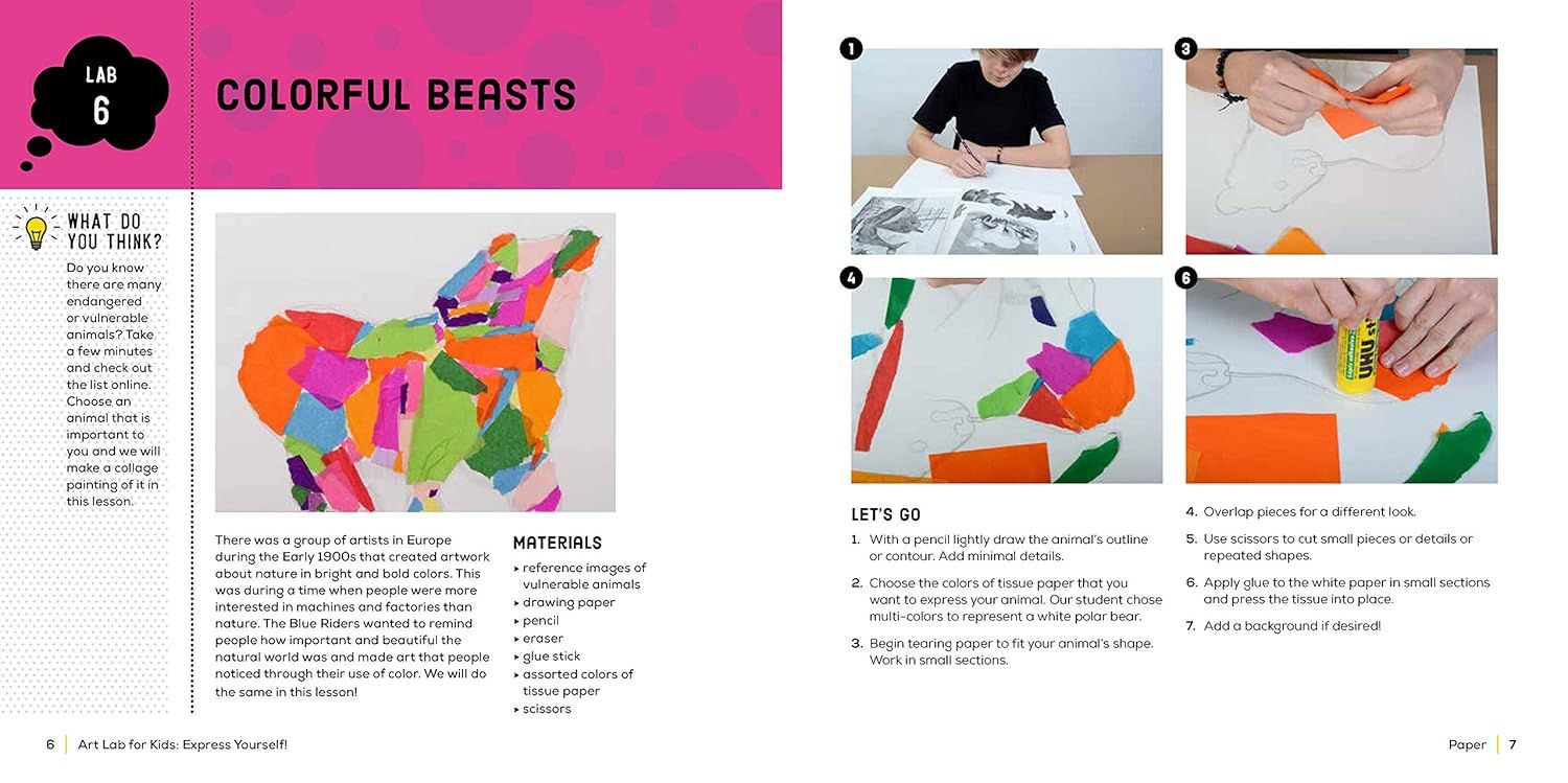 This image provides a multi-step instructional guide teaching children how to create a colorful animal collage using tissue paper, demonstrating the process from sketching to final assembly.