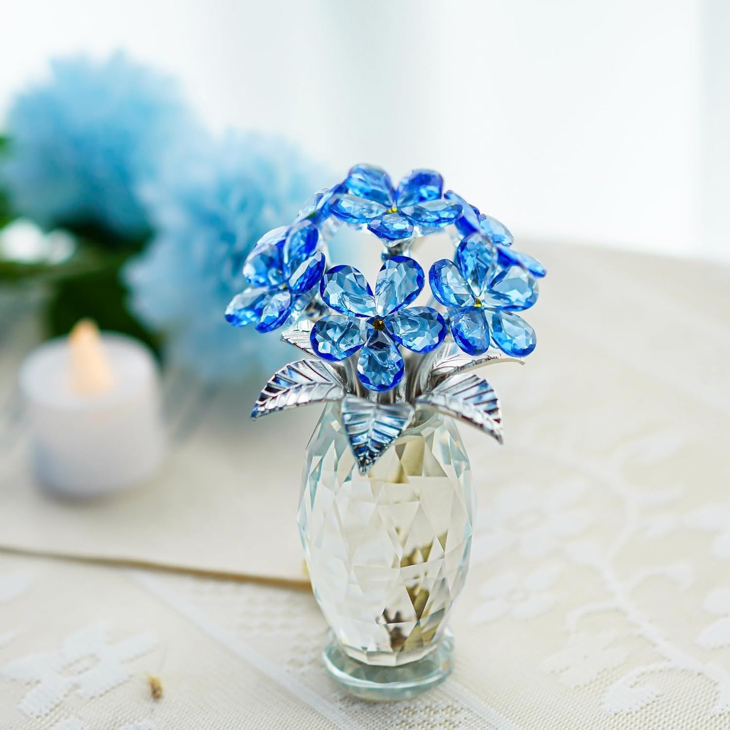 Showcases the product in a real-world home setting to help shoppers visualize how the decorative crystal flower piece would look displayed in their own space.