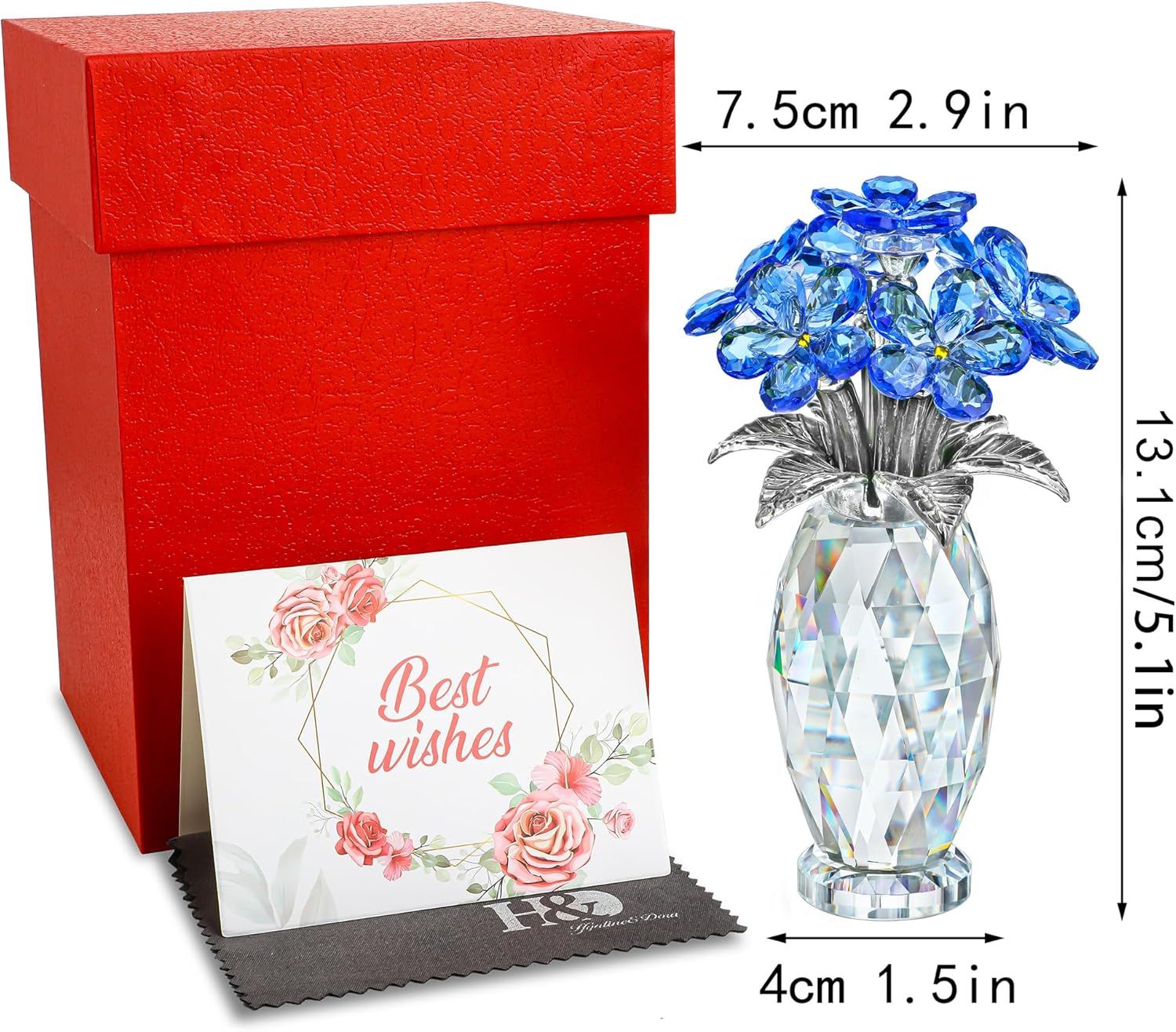 Shows everything included in the purchase—decorative crystal flower, gift box, greeting card, and cleaning cloth—to communicate value and gift-readiness. Provides exact dimensions of the crystal…