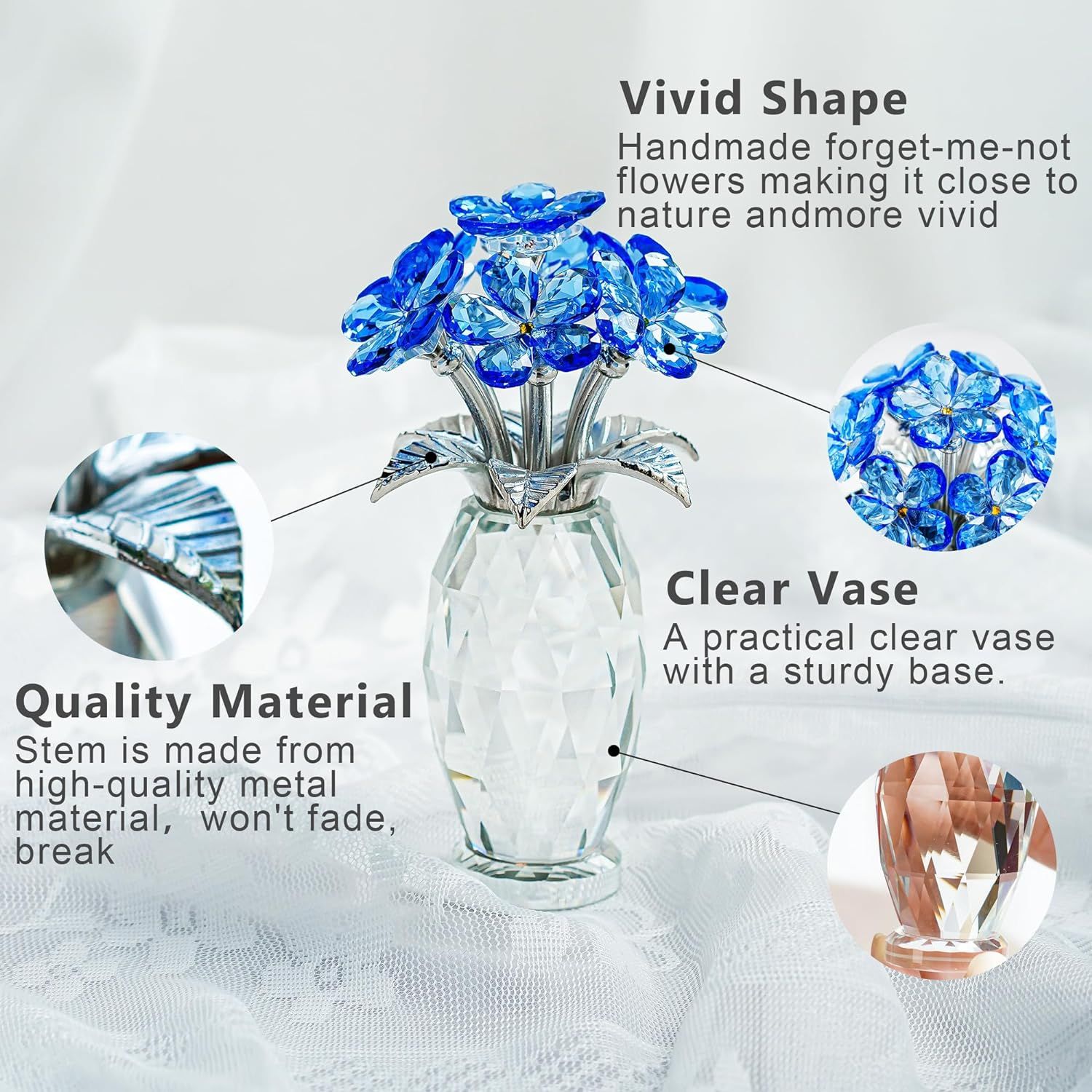Breaks down the decorative flower product by highlighting its key physical components: the handmade forget-me-not flowers, the high-quality metal stems, and the clear vase with sturdy base, helping…