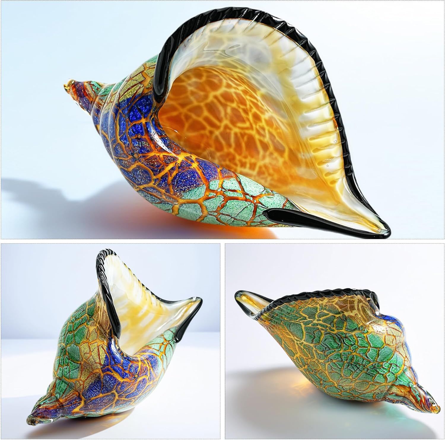 Displays the decorative glass shell sculpture from three different angles to showcase its intricate design, colors, and craftsmanship in a clean, catalog-style presentation.