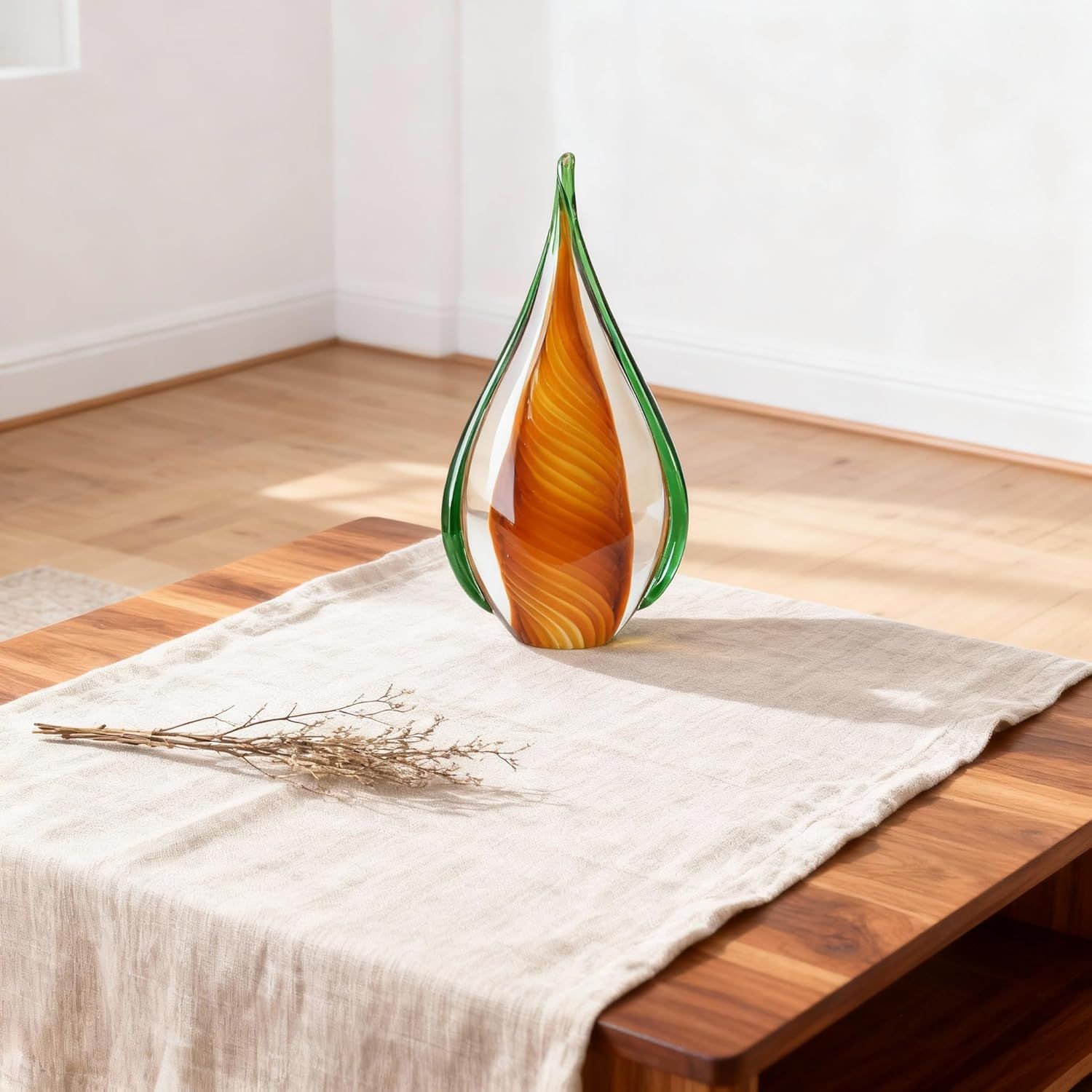 Showcases the decorative glass art piece in a real-world home setting to help shoppers visualize how it would look in their own space.