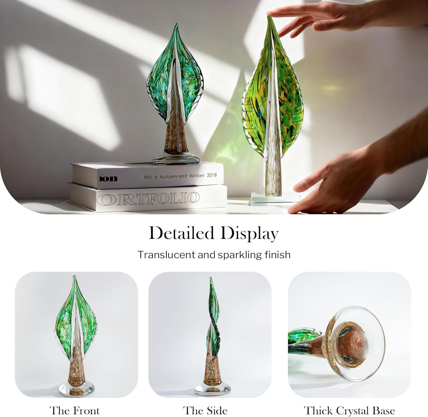 Showcases the decorative glass product's detailed craftsmanship and premium finish from multiple perspectives to help shoppers appreciate the quality and visual appeal of the item.
