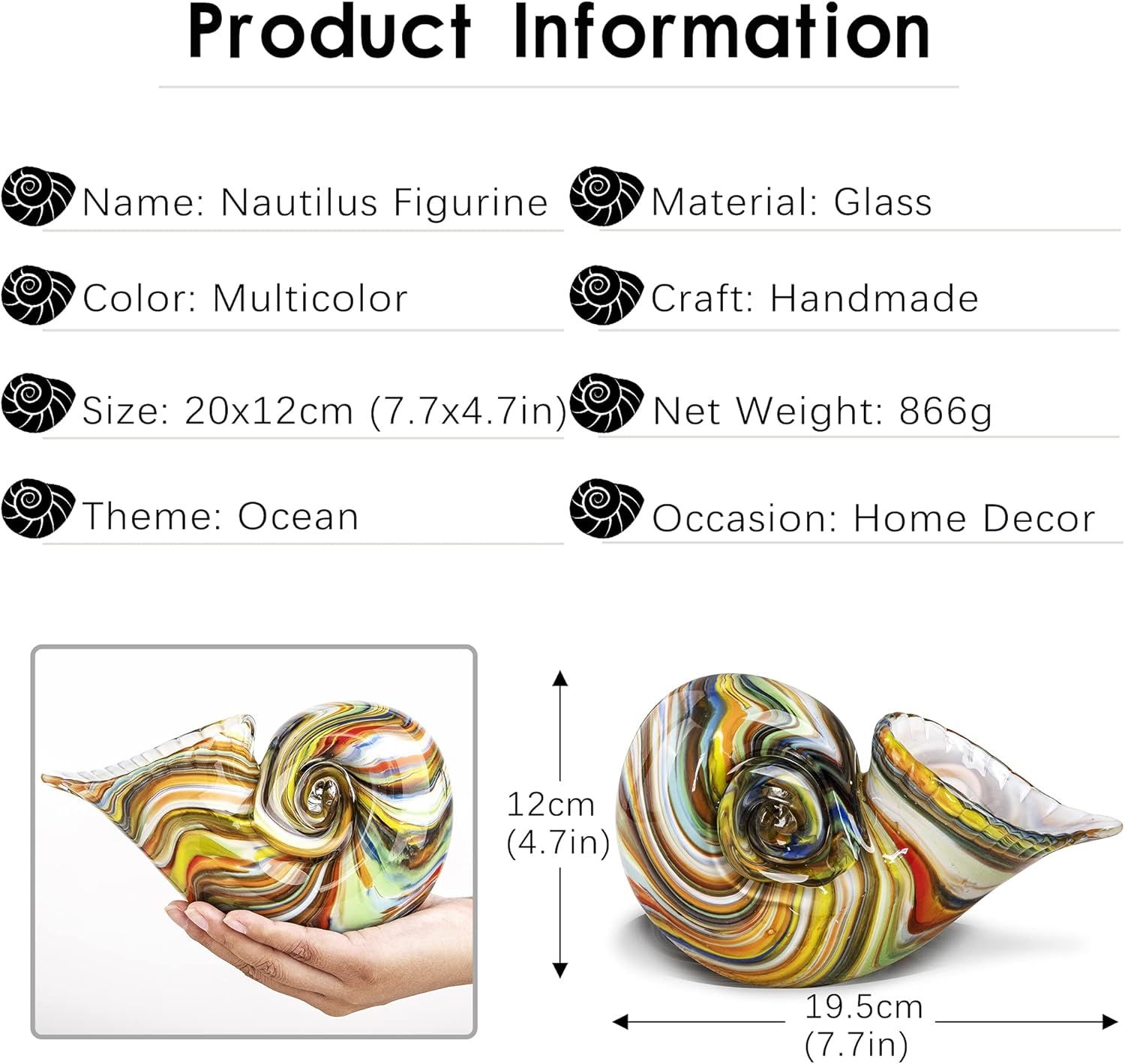 Communicates the exact physical size and weight of the nautilus figurine using dimensional measurements and a hand-for-scale reference to help shoppers understand how large the product is.