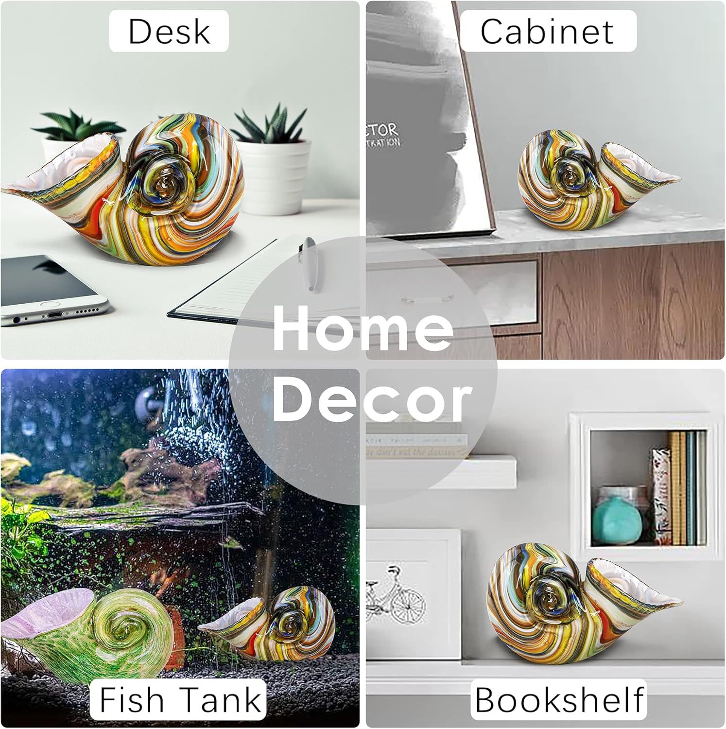 Demonstrates the product's versatility by showing it can be used as decorative home decor in multiple environments including desks, cabinets, fish tanks, and bookshelves.