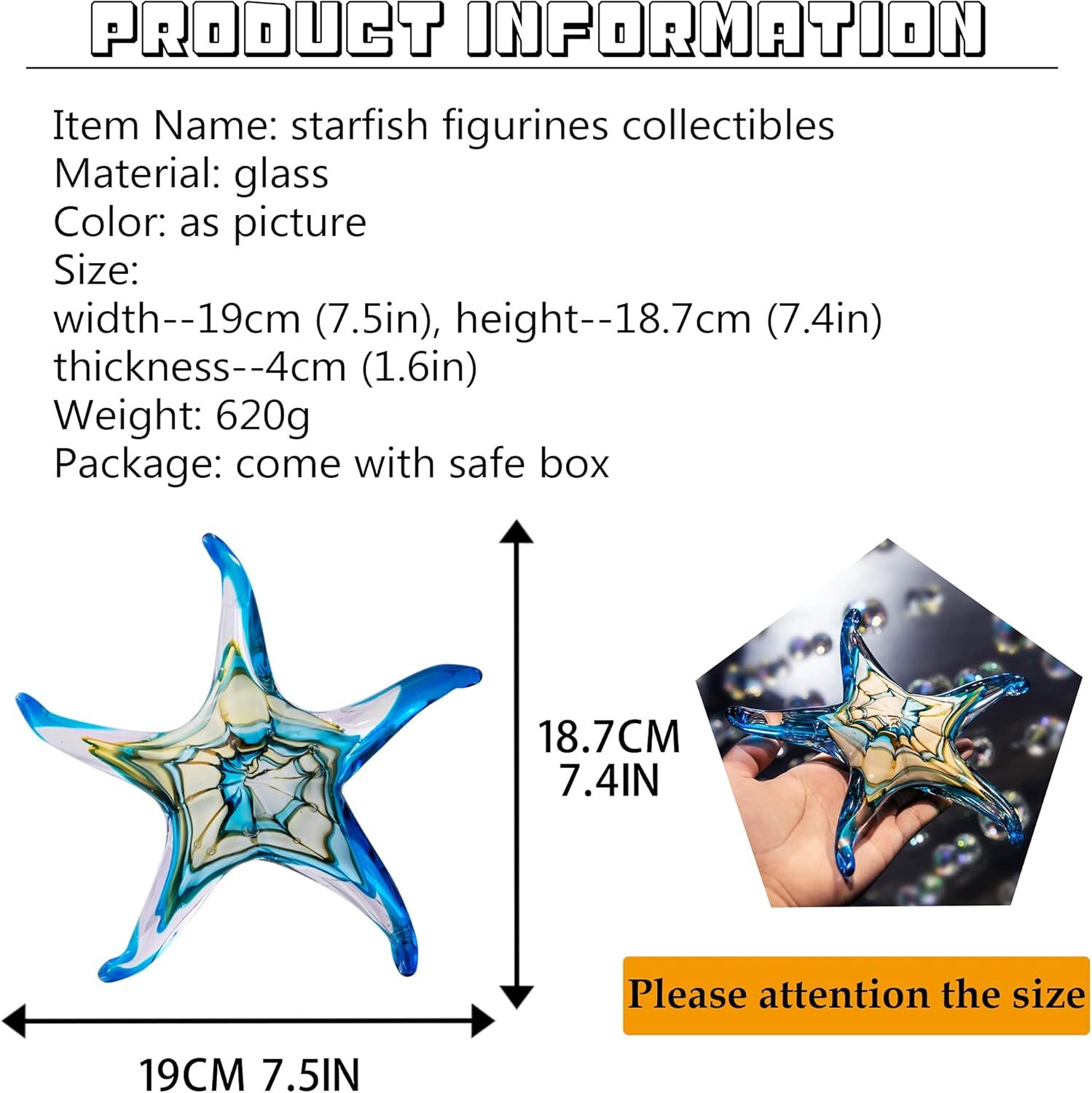 Communicates the exact physical size of the starfish figurine using dimension arrows and measurements to help shoppers understand how large the product is before purchase.