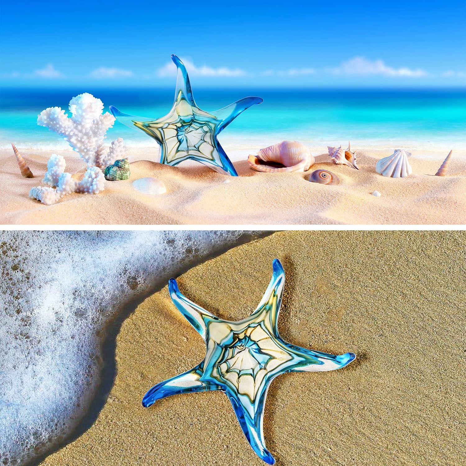 Showcases the decorative glass starfish product in a natural beach environment to help shoppers visualize it as coastal decor and evoke a relaxing, ocean-themed aesthetic.