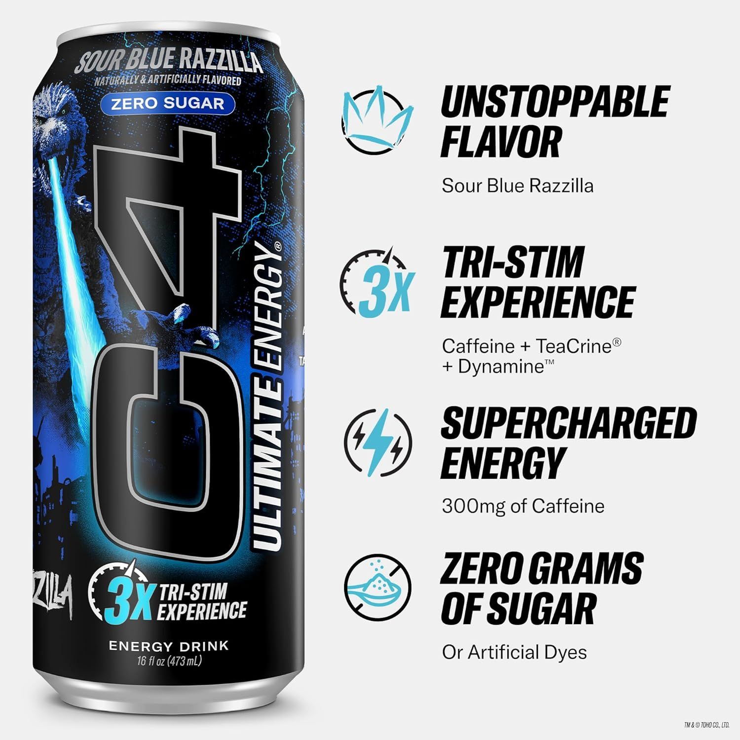Communicates multiple key selling benefits of the energy drink in a visually segmented layout, highlighting flavor, stimulant formula, caffeine content, and…