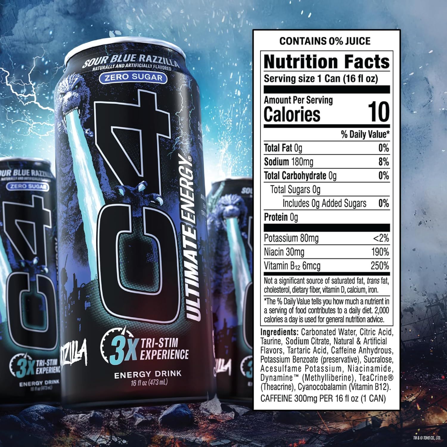 Communicates multiple key product benefits through the nutrition facts panel and product branding, emphasizing zero sugar, low calories, high vitamin content,…
