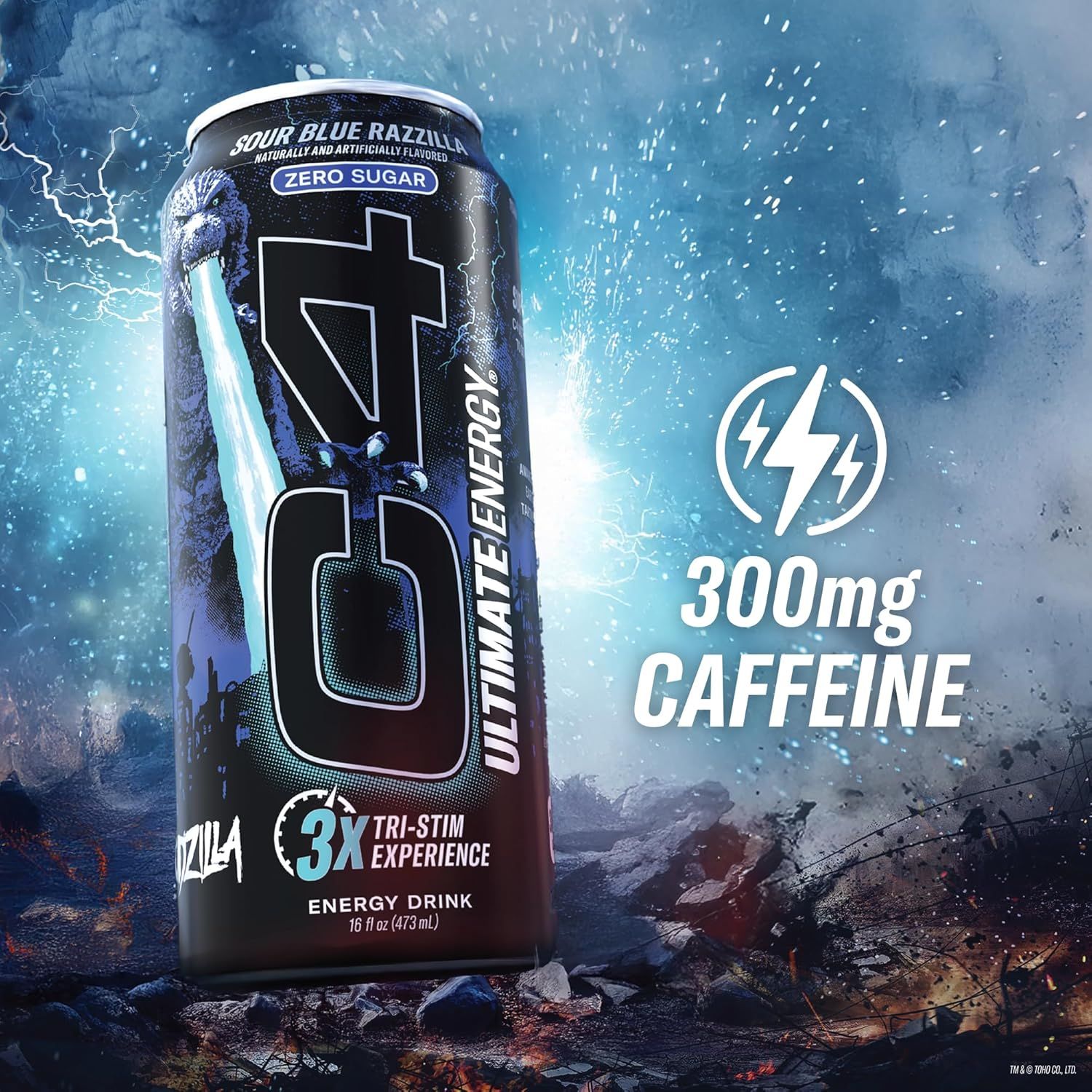 Highlights the high caffeine content (300mg) to communicate the product's energy-boosting performance and appeal to consumers seeking a powerful energy drink.…