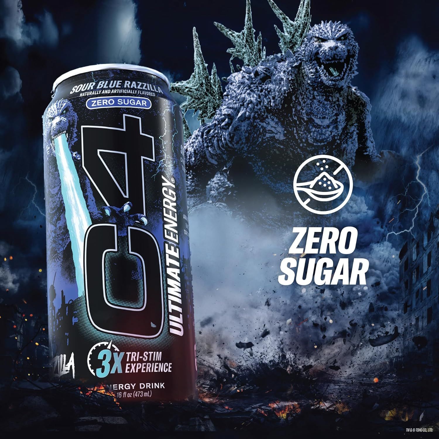 Highlights the zero sugar benefit of the energy drink to appeal to health-conscious consumers looking for a sugar-free energy option.