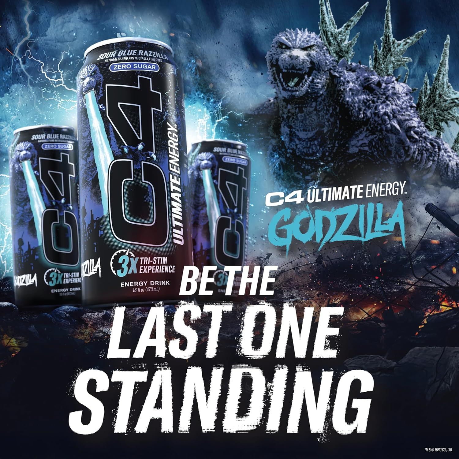 This image promotes the C4 energy drink brand through a Godzilla-themed collaboration, using dramatic cinematic visuals and the tagline 'BE THE LAST ONE…