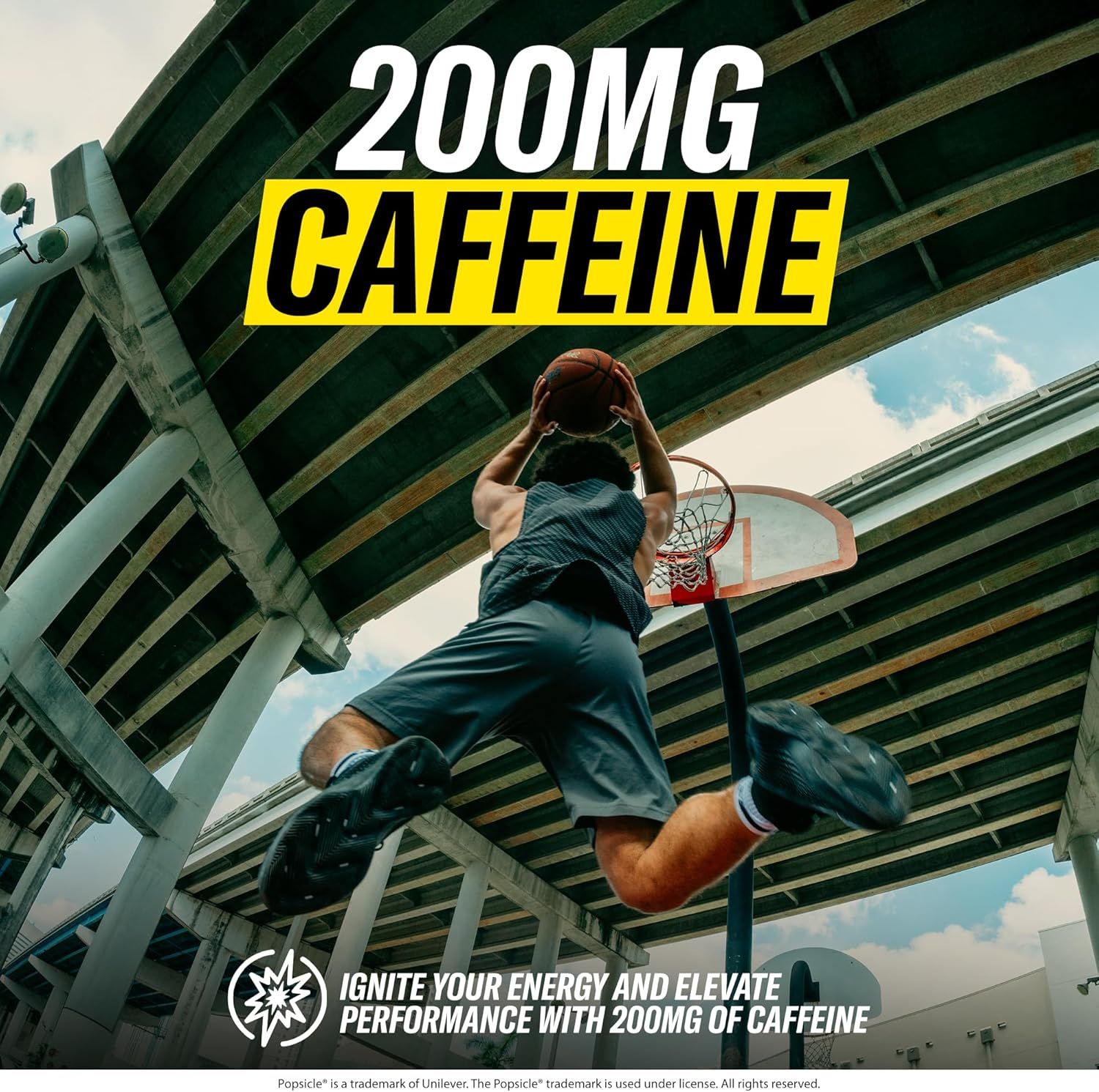 Highlights the specific caffeine dosage (200mg) to communicate the product's energy-boosting performance capability and appeal to athletes or active consumers…