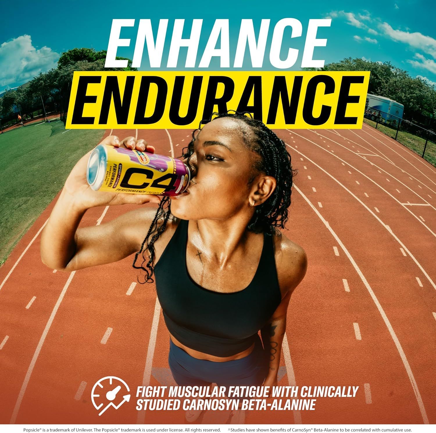 Communicates that the product enhances athletic endurance and fights muscular fatigue through clinically studied CarnoSyn Beta-Alanine, positioning it as a…